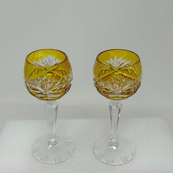 Nachtmann Traube Amber Yellow Cordial 4.75” Cut To Clear Crystal Glass Set 2 - Picture 11 of 16